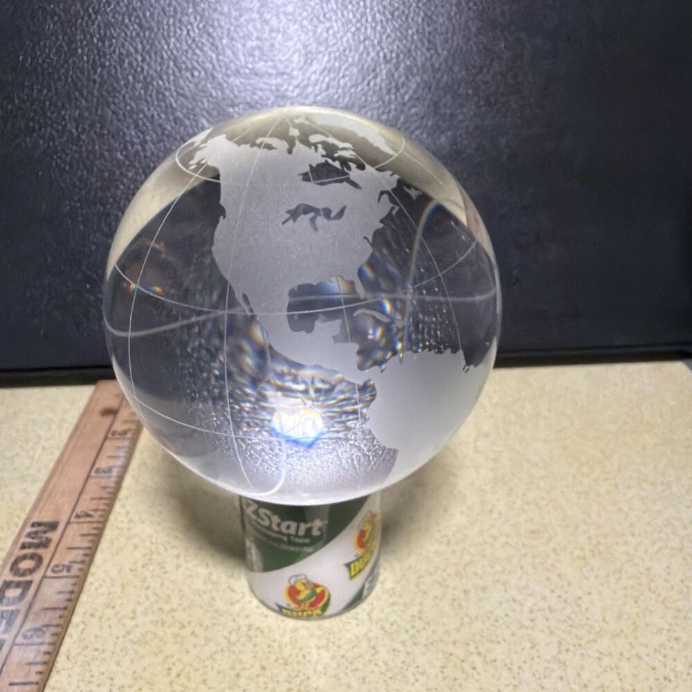 Vintage Oleg Cassini Crystal Clear World Globe Glass Paper Weight 4” Tall